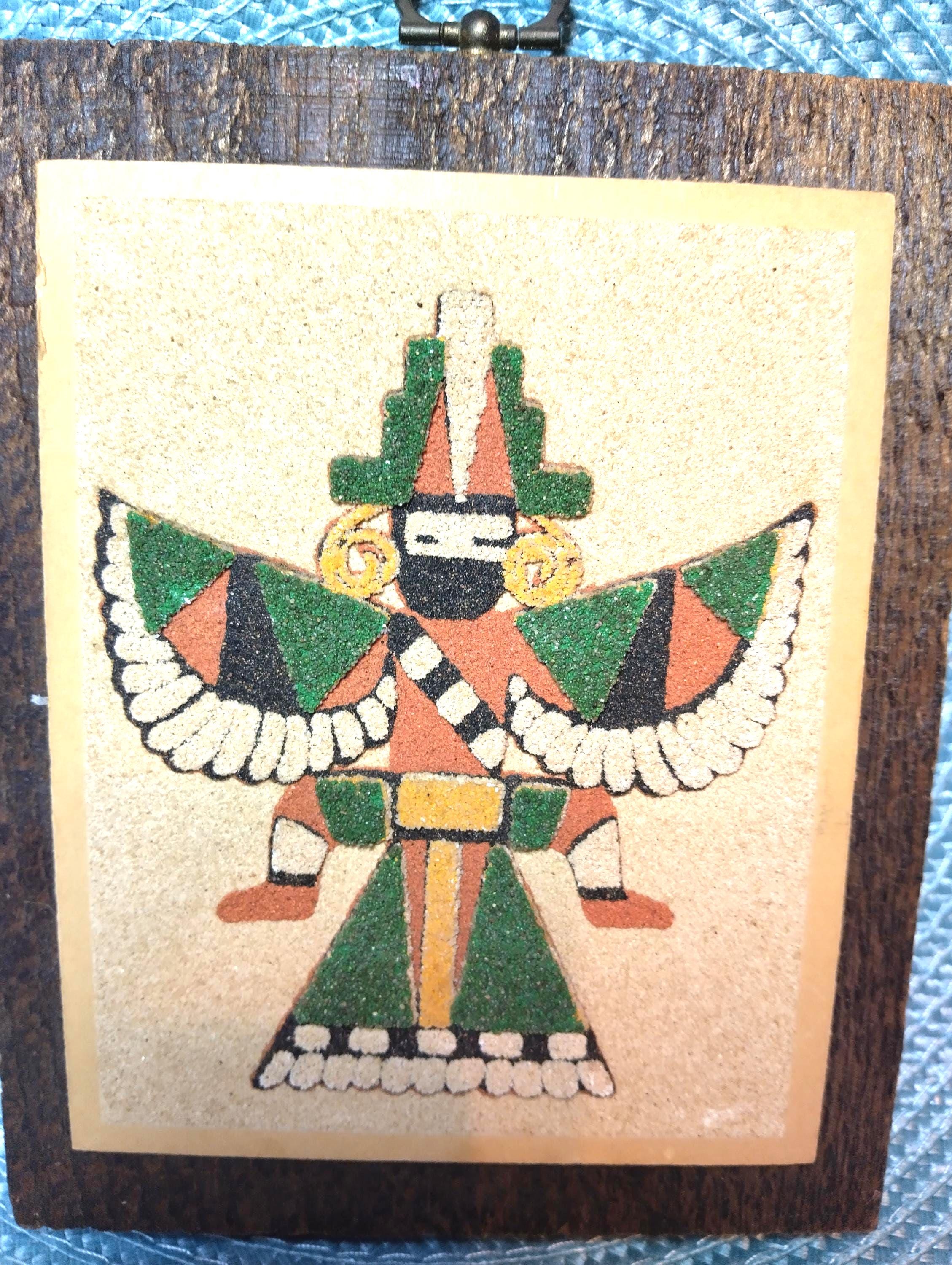 Vintage Sand Art Plaque Zuni Wing Knife Man Albuquerque New Mexico