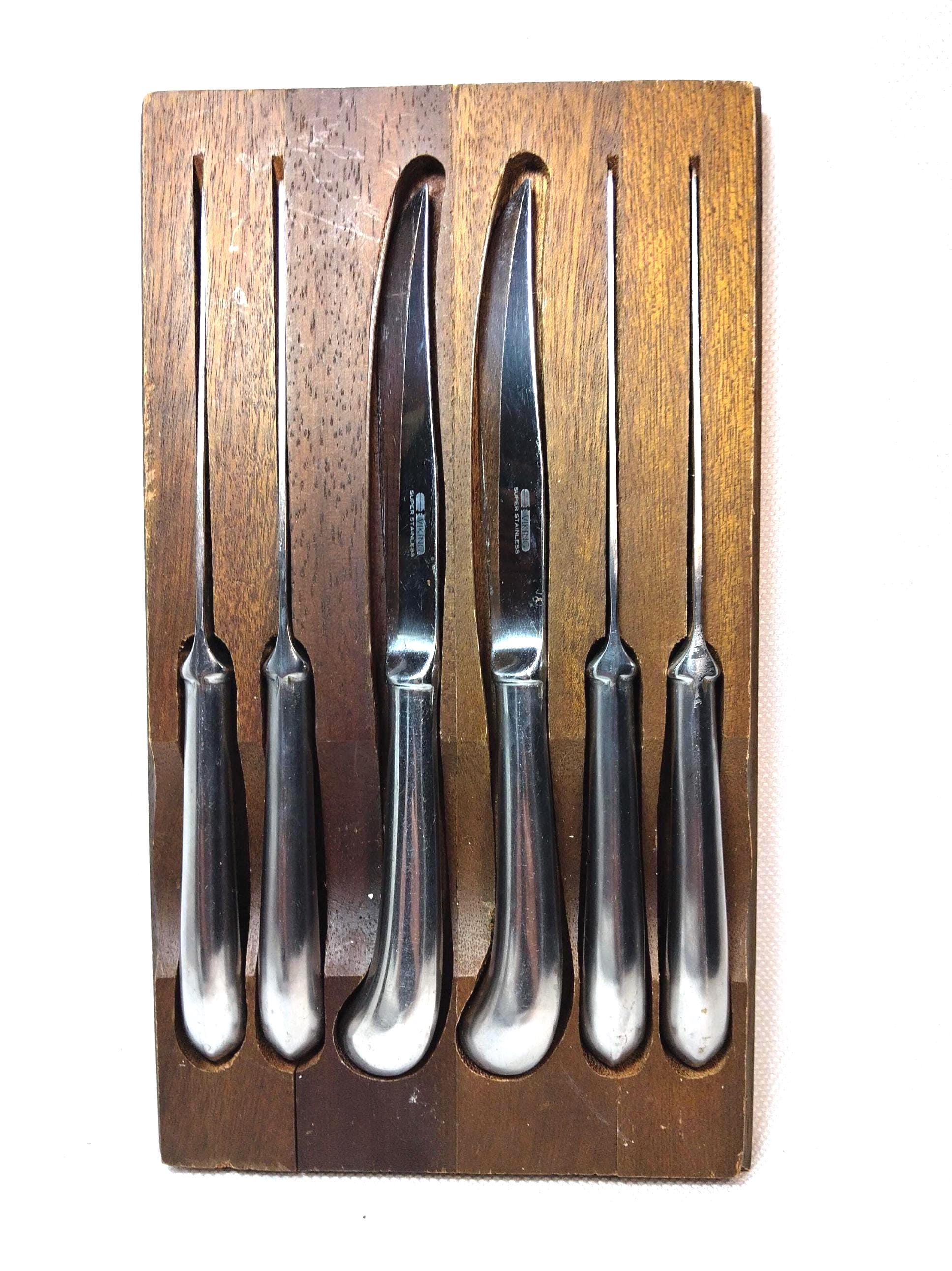 Vintage Viking Super Stainless Steel Steak Knife Set of 6 Wood