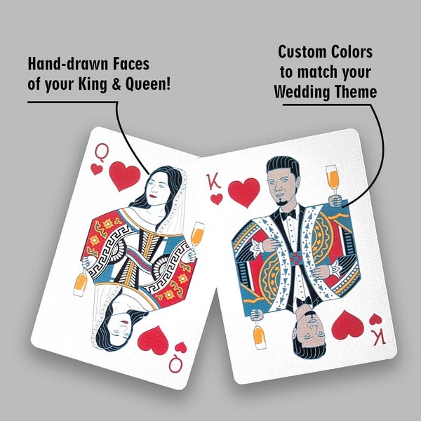Baraja de cartas personalizada para bodas: recuerdo de boda personalizado, baraja de póker única para guardar como recuerdo, caras dibujadas a mano, PEDIDO MÍNIMO 25+