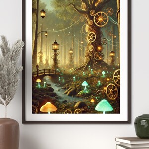 Steampunk bos kunst aan de muur – afdrukbaar fantasielandschap, vintage sci-fi natuurdecor, grillige digitale kunst voor kantoor of gameroom