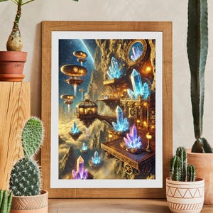 Kristallen en luchtschepen – Steampunk-fantasiekunst aan de muur, afdrukbare scifi-poster, dromerig digitaal decor voor kantoor, leeshoek of gamerkamer