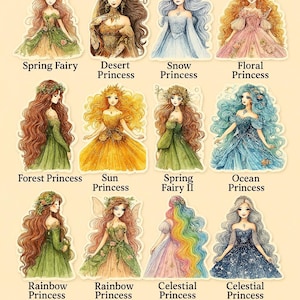 Stickerset fantasieprinses – 11 afdrukbare sprookjesfiguren, mystieke dromen digitale stickers voor tijdschriften, scrapbooking en decoratie