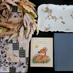 Spring Decor Box: Antique Limoges Tray, Patchwork Pillow cases, Vintage Deer Plaque
