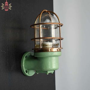 May include: A vintage-style wall-mounted light fixture. It features a clear glass globe encased in a copper-colored metal cage. The base is painted a muted green, and the fixture is mounted on a dark surface.