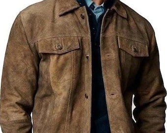 Vintage Suede Leather Trucker Jacket: Genuine Lambskin, Shirt Collar