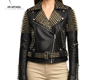 Women’s Studded Leather Biker Jacket – Black Rock Punk Motorcycle Coat with Spikes handmade jacket