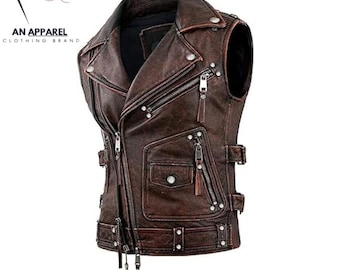 Men's Genuine Leather Biker Vest: Sleeveless Motorcycle Riding Vest