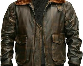 Veste aviateur G-1 pour homme, col en fourrure, style US Navy, en cuir véritable marron vieilli.
