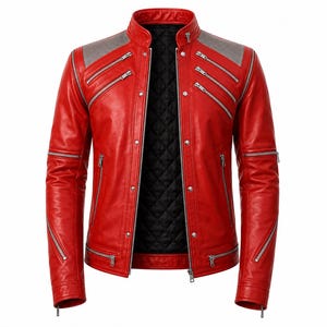 May include: A bright red leather jacket featuring a stand-up collar, a black quilted interior lining, and multiple silver-toned metal zippers across the chest, sleeves, and waist. The shoulders have grey textured panels and silver snap buttons.