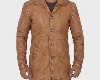 Giacca lunga in pelle invecchiata in stile vintage - Cappotto in pelle naturale da uomo