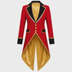 May include: A red tailcoat jacket featuring black lapels with gold trim, three gold buttons on the front, black cuffs with gold trim, and a gold satin lining. The jacket has a long, split back tail design and a structured, formal silhouette.