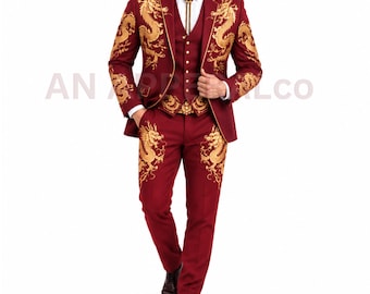 Herrenanzug mit burgunderrotem Drachenmotiv | Goldbestickter Smoking | Anzug mit chinesischem Drachenmotiv | Königlich-gotischer Hochzeitsanzug | Luxuriöser Anzug für Abschlussball und Party