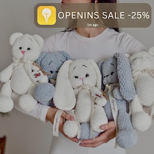 Crochet Toys in Gray or White – Ideal Baby Shower Gift – Crochet teddy bear – Crochet hippo - Crochet toys -Crochet bunny
