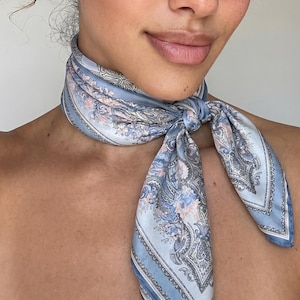 Light Blue & Blush Pink Square Silk Headscarf – Baroque Floral Neck Scarf, Lightweight Mulberry Silk, Gift for Women