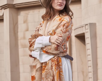 Mother of The Groom Gift From Bride, Luxury Cashmere Pashmina Shawl, Sand-Beige & Pumpkin Orange Floral, Travel Scarf for Women