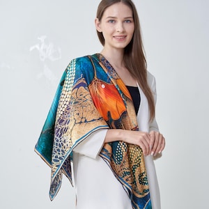 Emerald Teal, Gold, Orange & Turquoise Ginkgo Leaves Silk Scarf - 43" Large Mulberry Square Shoulder Wrap, Silk Shawl, Luxury Gift Accessory