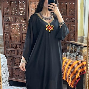 Black Sheer Midi Dress: Tribal Embroidery, V-Neck Boho Beach Cover-Up