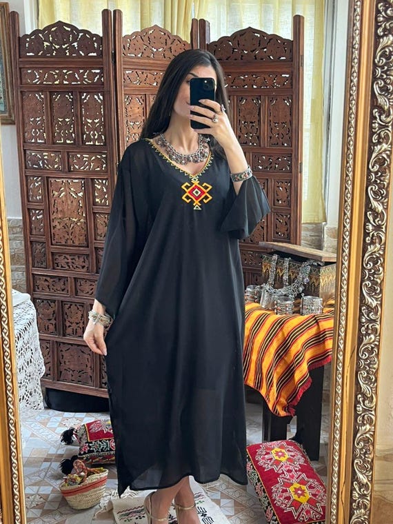 Black Sheer Dress Crepe Foulard Tribal Embroidery V Neck Long