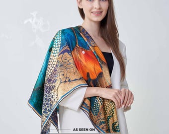 Cadeau pour la mère de la mariée : foulard carré en soie de luxe de 109 cm, motif feuilles de ginkgo orange et turquoise, châle, cadeau d’anniversaire pour elle