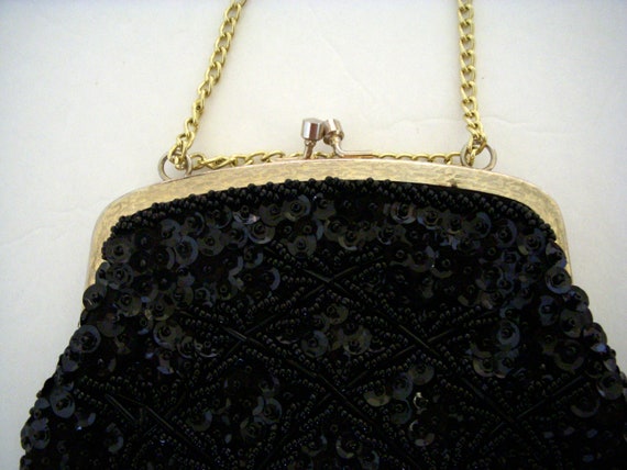 Elegant Black Sequin Evening Bag, Vintage 80s Bla… - image 3