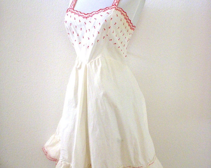 Vintage 50s 60s White Cotton Full Slip With Red Embroidered Etsy