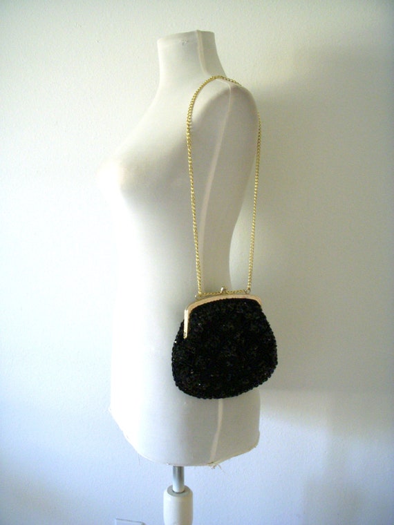 Elegant Black Sequin Evening Bag, Vintage 80s Bla… - image 2