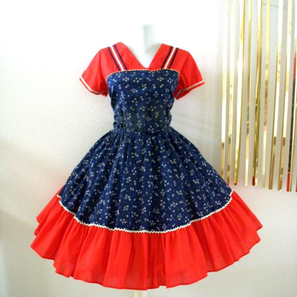 Vintage 60s Patio Swing Dress Rockabilly Circle Skirt Dress Red White Blue Size Large to X Large estimated