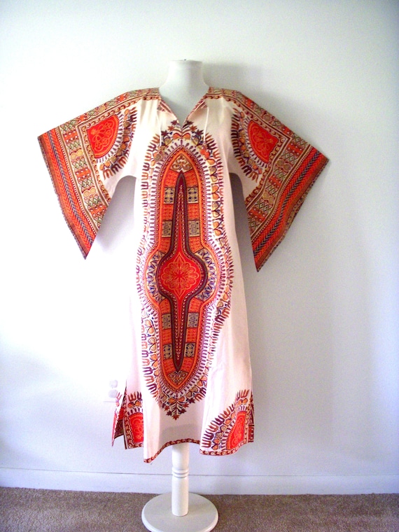 60s 70s Boho Hippie Bell Sleeve Maxi Dress, Vintag