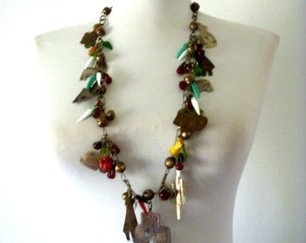 Vintage 80s 90s Southwestern Statement Charm Necklace, Santa Fe Style Zia, Coyote and Animal Charms with Glass Beads and Bells