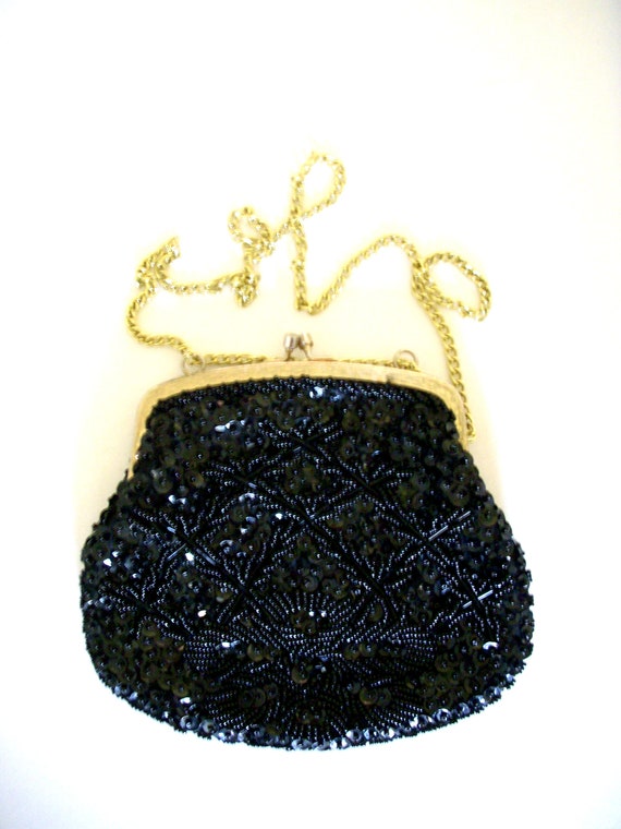 Elegant Black Sequin Evening Bag, Vintage 80s Bla… - image 1