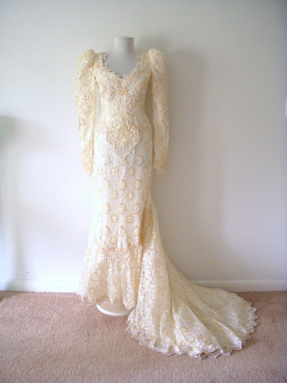 Amazing 90s Cream and Gold Wedding Dress by ALFRE… - image 1