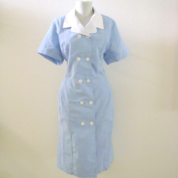 Great for Halloween - Vintage 60s 70s Waitress Uniform - Blue and White Uniform Dress - Double Breasted Blue Dress - Size Large 12