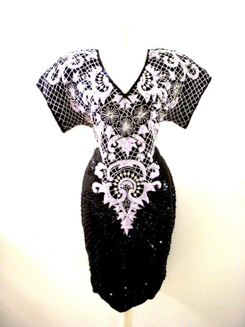 white and black sequin dress