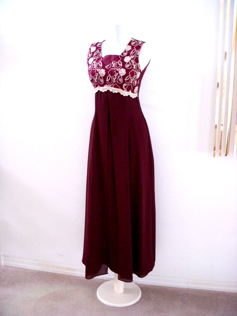 Cranberry and Gold 70s 80s Evening Dress, Vintage Sleeveless Empire Waist Crepe Maxi Prom Dress, Size Small OmAgainVintage 