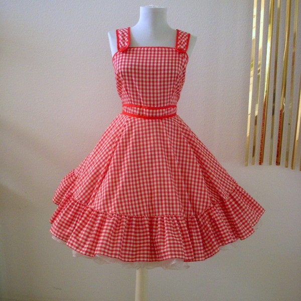 60s Red and White Gingham Rockabilly Sun Dress Size Small to Medium (estimated)