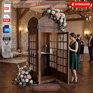 May include: A wooden telephone booth structure featuring a grid-paneled door, a small interior shelf with a microphone, and a crown emblem at the top. The booth is decorated with pink and white floral arrangements and includes digital file icons.