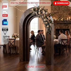 Puede incluir: Un arco de boda de madera oscura con un diseño escalonado. La esquina superior derecha está adornada con un arreglo floral de rosas blancas y rosa empolvado con eucalipto. El texto incluye DIGITAL PRODUCTS INSTANT DOWNLOAD.