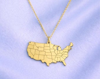 Collar de plata de ley con mapa de EE. UU. - Joyería minimalista de viaje