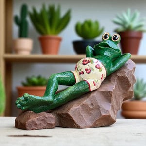 Hand-Painted Relaxed Frog Statue: Funny Garden Decor, Wall-Mountable