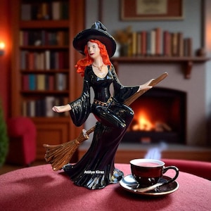 Hand-Painted Red Hair Flying Witch Figurine: Gothic Halloween Decor (10x14x18 cm)