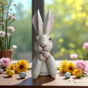 Hand-Painted Bunny Figurine: Pastel Pink Easter Decor (15x10x20 cm)