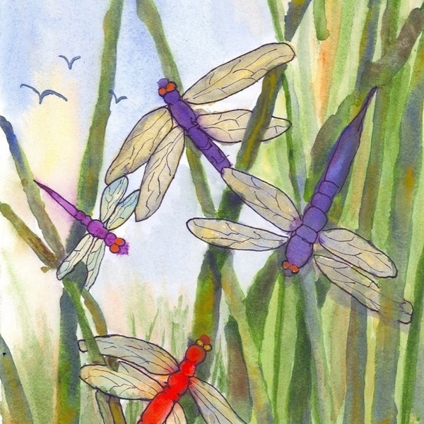 Dragonfly card, dragonfly watercolor print, dragonfly blank card, dragonfly note card. Dragonflies Print, Mother's Day Card