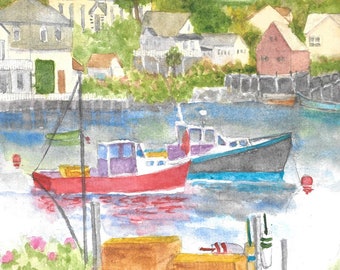 Lobster Boats in Stonington Harbor, Maine, watercolor blank card, matted 5x7"print, Maine Thank You card