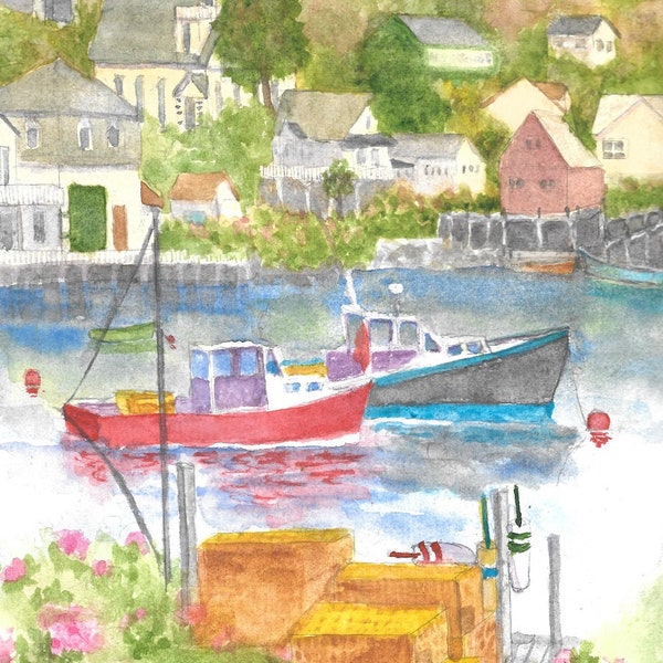 Lobster Boats in Stonington Harbor, Maine, watercolor blank card, matted 5x7"print, Maine Thank You card