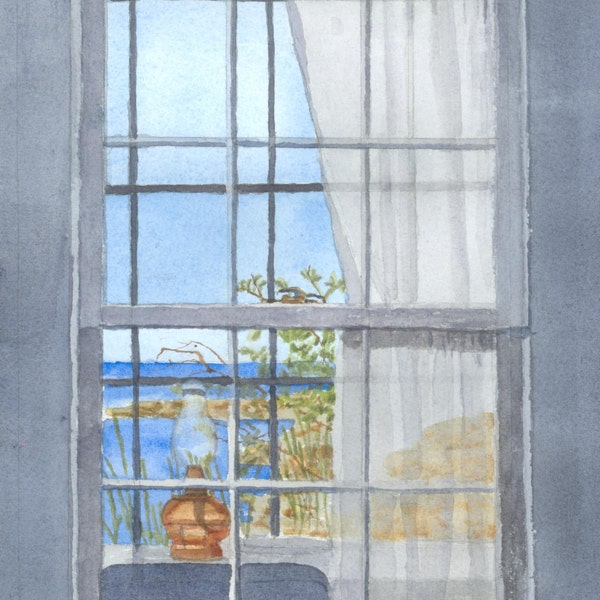 Monhegan Island - Uncle Henry's House- Window view, Maine Greeting Card, Print in 5"x7" Mat