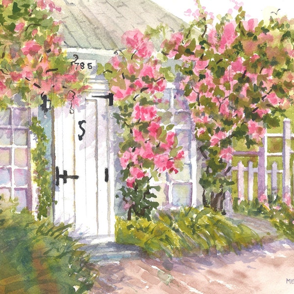 A Nantucket Cottage Roses Watercolor, Watercolor Blank Card, Print in 5"x 7" mat, 6 card package one image, Cape Cod Style Cottage Card