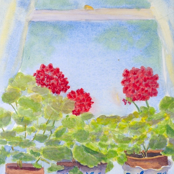 Red Geraniums matted print, Salmon Falls Stoneware Pot with Geraniums, Red Geraniums, Geranium watercolor print, Geranium card