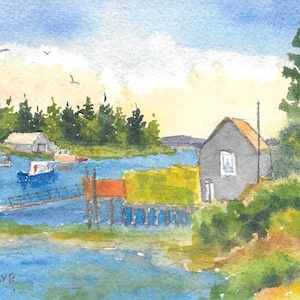 Maine Coast Watercolor Card: Lobster Boat Print in 5 x 7&quot; Mat, Downeast Scene