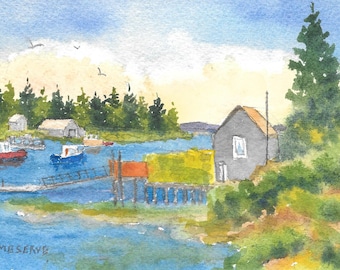 Maine Coast Scene. Maine Card, Maine Blank Card, Maine Greeting Card, Maine art, Lobster boat, Maine Cove, Downeast Maine