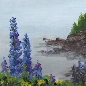 Maine Lupine Watercolor Card: Foggy Coastal Art